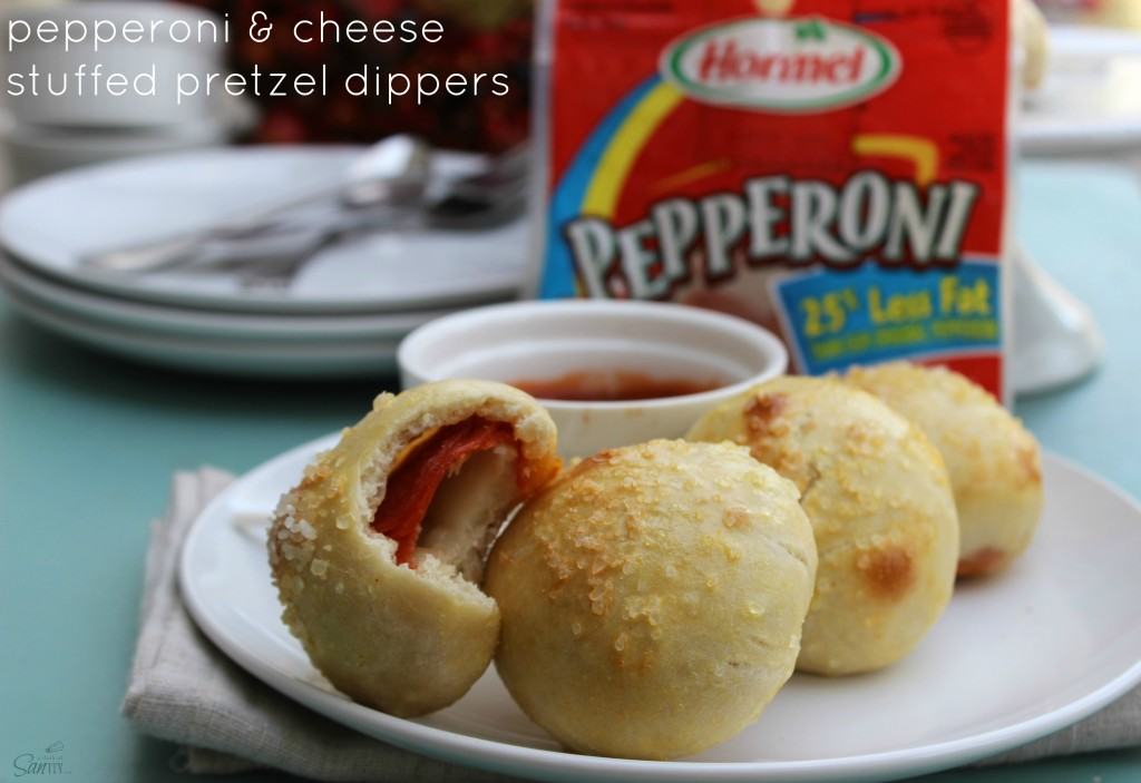 Hormel Pepperoni & Cheese Stuffed Pretzel Dippers are a delicious appetizer made from soft homemade pretzels stuffed with pepperoni and mozzarella cheese. Hormel Pepperoni & Cheese Stuffed Pretzel Dippers