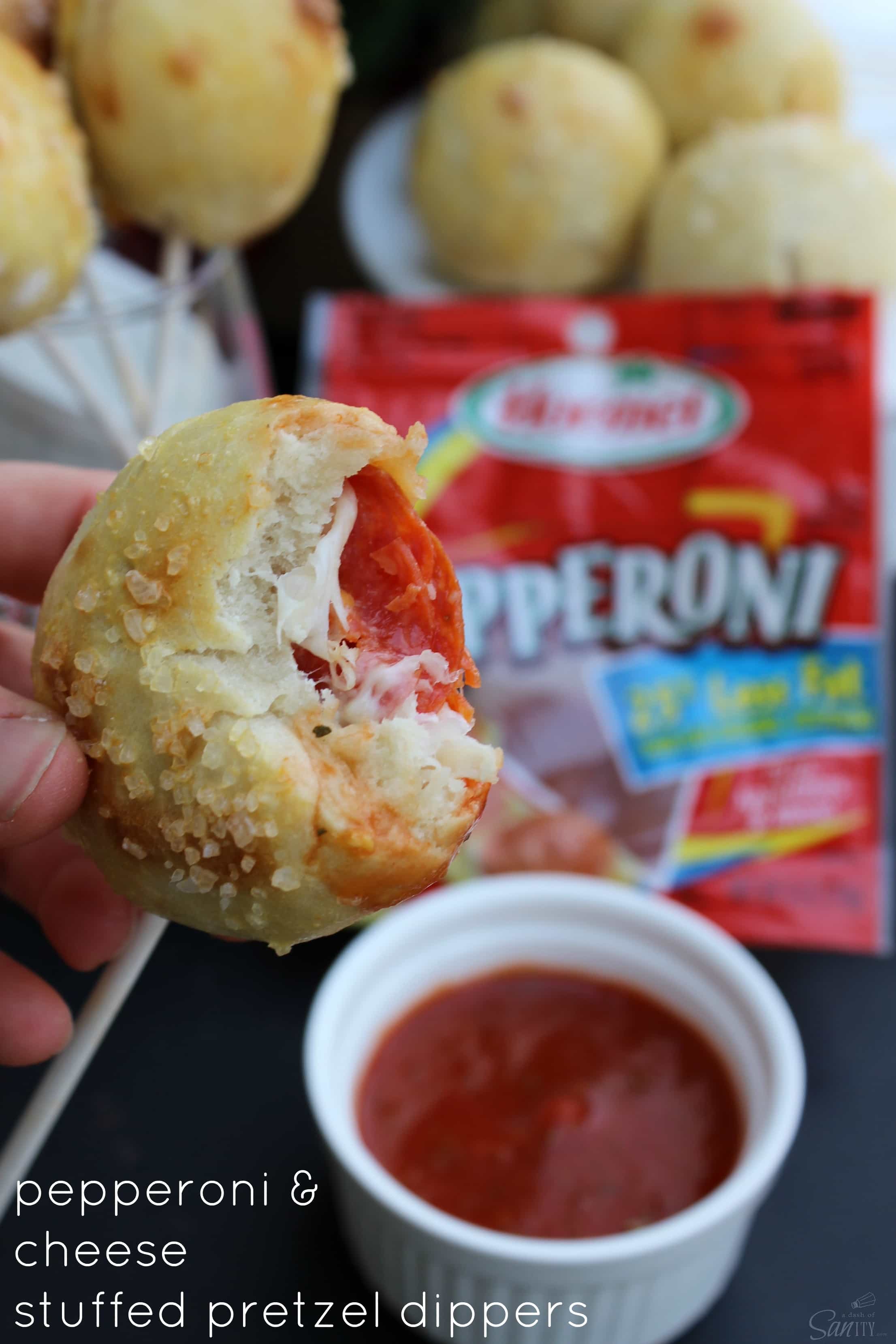 Hormel Pepperoni & Cheese Stuffed Pretzel Dippers are a delicious appetizer made from soft homemade pretzels stuffed with pepperoni and mozzarella cheese. Hormel Pepperoni & Cheese Stuffed Pretzel Dippers