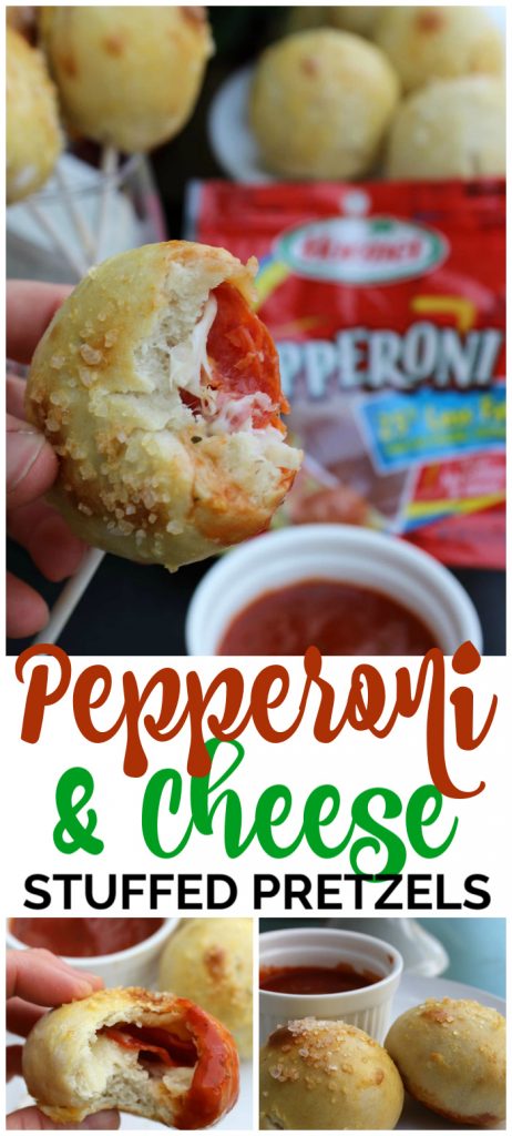 Hormel Pepperoni & Cheese Stuffed Pretzel Dippers are a delicious appetizer made from soft homemade pretzels stuffed with pepperoni and mozzarella cheese. Hormel Pepperoni & Cheese Stuffed Pretzel Dippers pinterest image