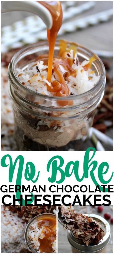 These No Bake German Chocolate Cheesecakes are amazingly delicious, easy to make, and will bring your friends & family a whole lot of cheer. No Bake German Chocolate Cheesecakes pinterest image