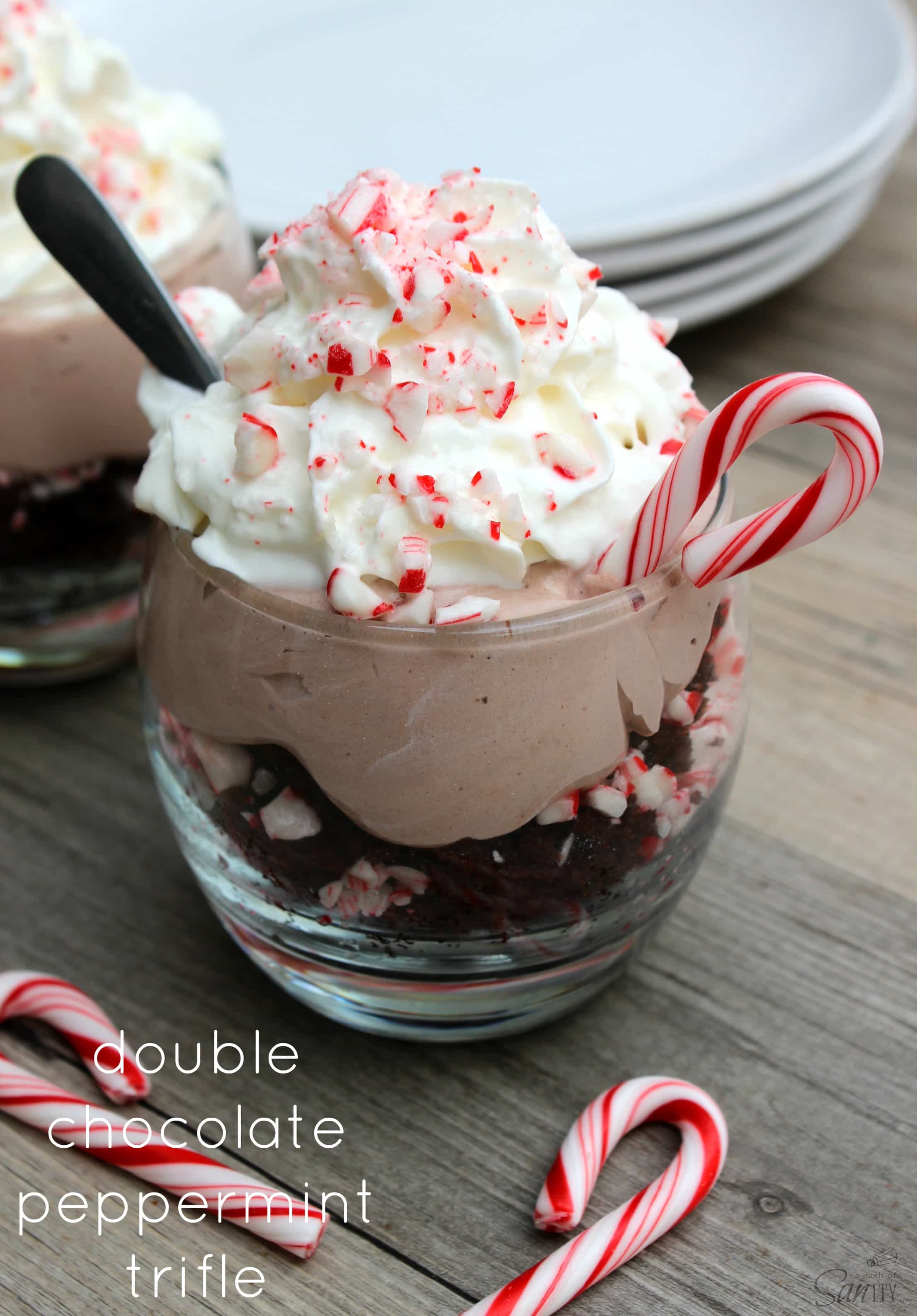 Double Chocolate Peppermint Trifle is an easy festive holiday dessert. Irresistible layers of chocolate cake, peppermint candies, and mint chocolate mousse.
