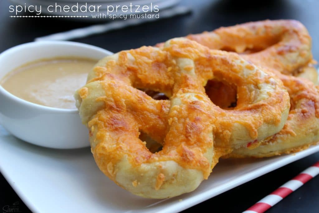 spicy cheddar pretzels with spicy mustard