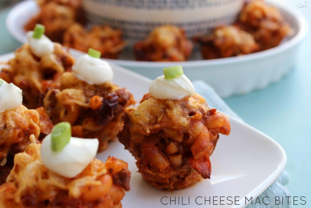 These Chili Cheese Mac Bites are perfect for a game day appetizer, a convenient bite for a party or a fun way to serve for dinner. An easy delicious recipe! Cheesy Chili Mac Bites main