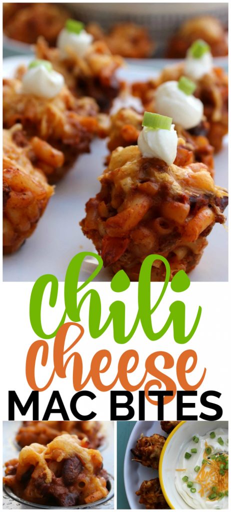 These Chili Cheese Mac Bites are perfect for a game day appetizer, a convenient bite for a party or a fun way to serve for dinner. An easy delicious recipe! Chili Cheese Mac Bites pinterest image
