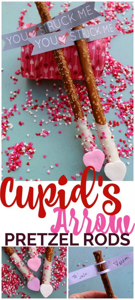 Cupid’s Arrow Pretzel Rods are a fun and festive Valentine’s Day treat. Using Vanilla CandiQuik and conversation candy hearts, these are easy to prepare. Cupid’s Arrow Pretzel Rods pinterest image