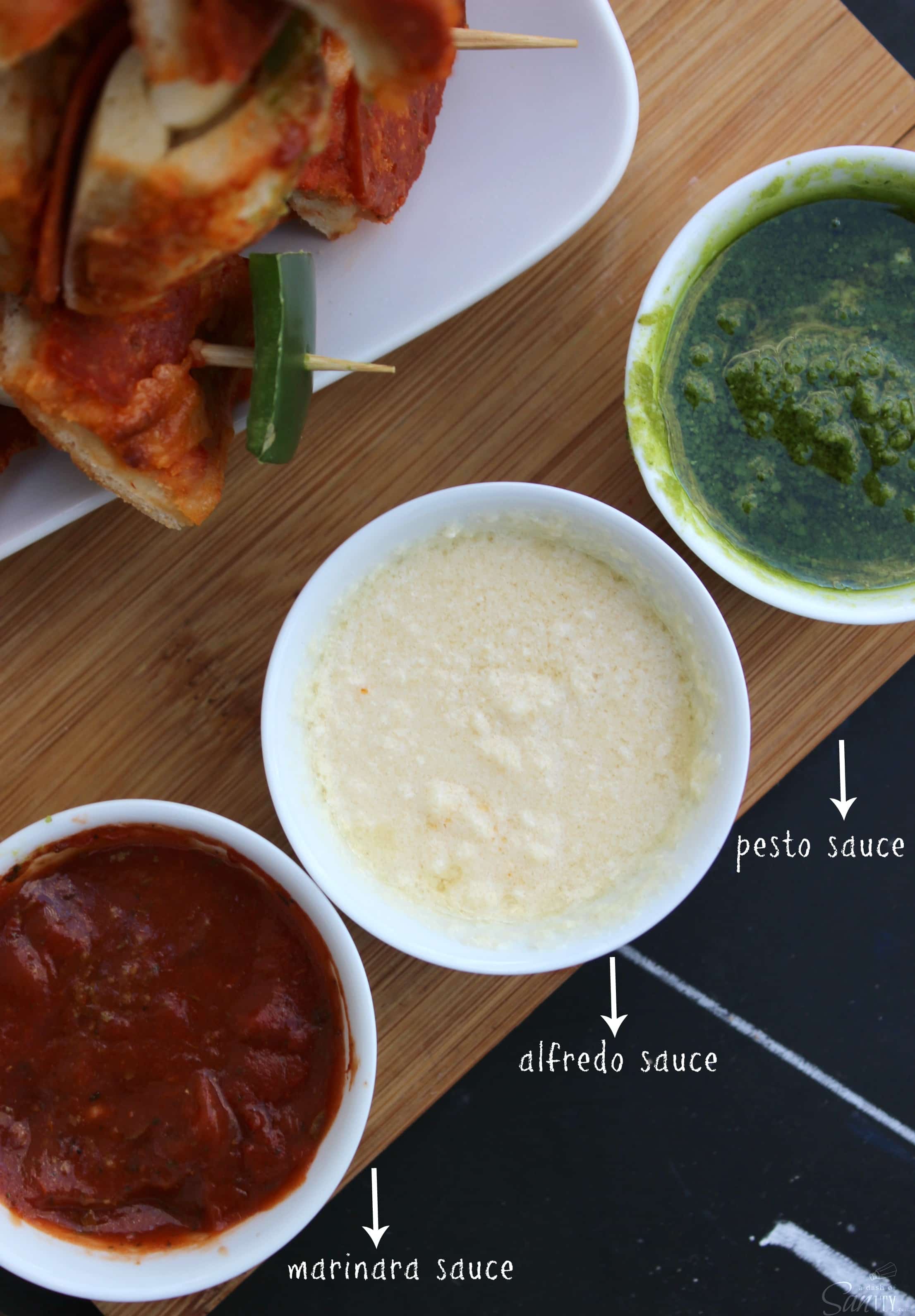 Be a game day champion with these easy Pizza Kabobs and 3 simple Homemade Dipping Sauce Recipes, including marinara, alfredo, & pesto. 