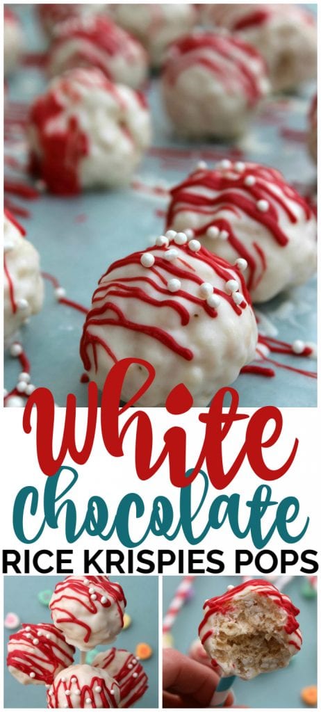 These White Chocolate Rice Krispies Pops are the perfect Valentine’s Day treat or an after school snack hit! Your kids will love to help make these treats. White Chocolate Rice Krispies Pops pinterest image