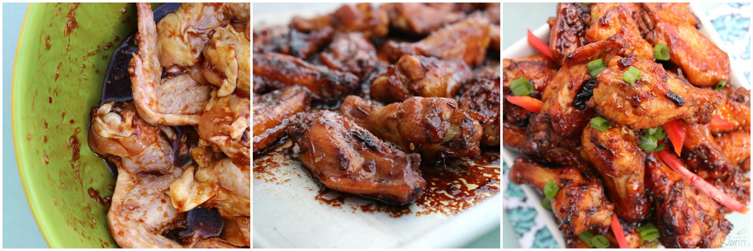 three photos showing how to coat the wings in sauce.