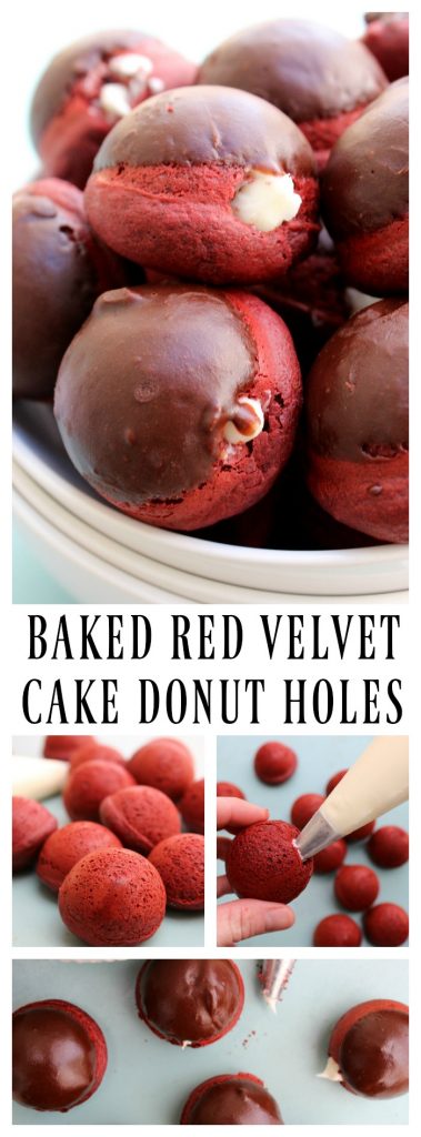 Baked Red Velvet Cake Donuts Holes are the most amazing donut you will have, EVER! Filled with Cream Cheese Buttercream and dipped in chocolate ganache. baked-red-velvet-cake-donut-holes-pin-long