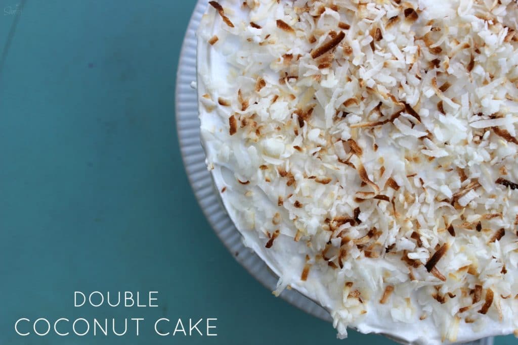 This Double Coconut Cake is a two layer, light coconut cake, that is filled and frosted with coconut meringue frosting and sweetened flaked coconut.