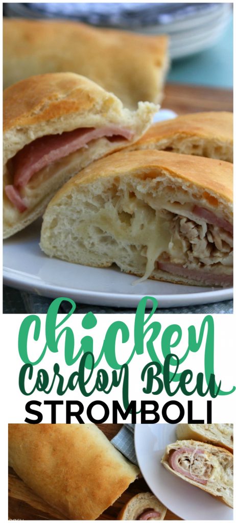 Chicken Cordon Bleu Stromboli is a twist on classic Chicken Cordon Bleu, filled with Swiss cheese, thick slices of Canadian bacon and rotisserie chicken. Easy Chicken Cordon Bleu Stromboli pinterest image