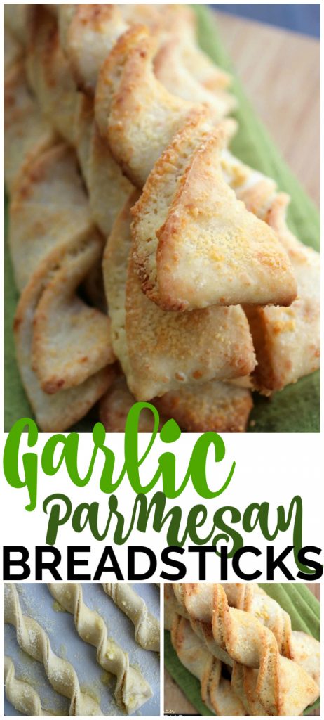 Easy Garlic Parmesan Breadsticks are the perfect complement to any meal. Serve them as is or with a sauce, either way they will become a family favorite! Easy Garlic Parmesan Breadsticks pinterest image
