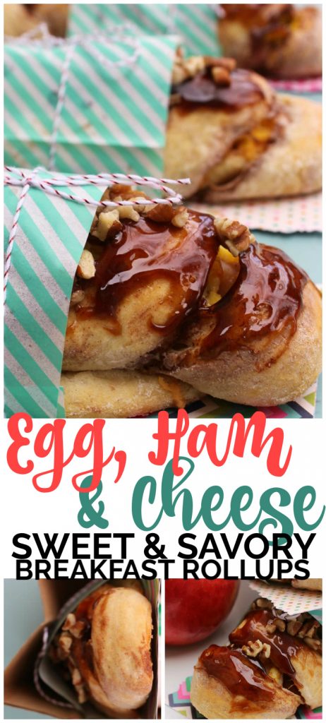 These Egg, Ham & Cheese Sweet & Savory Breakfast Roll Ups are a perfectly easy & delicious meal that will get your family going for the day. Egg, Ham & Cheese Sweet & Savory Breakfast Roll Ups pinterest image