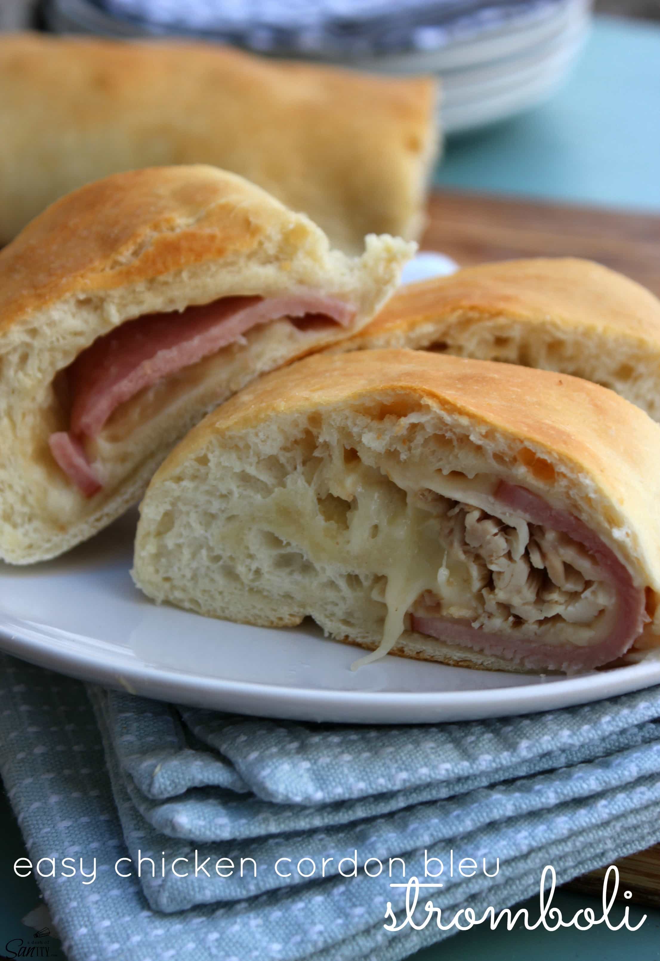 Chicken Cordon Bleu Stromboli is a twist on classic Chicken Cordon Bleu, filled with Swiss cheese, thick slices of Canadian bacon and rotisserie chicken. Easy Chicken Cordon Bleu Stromboli