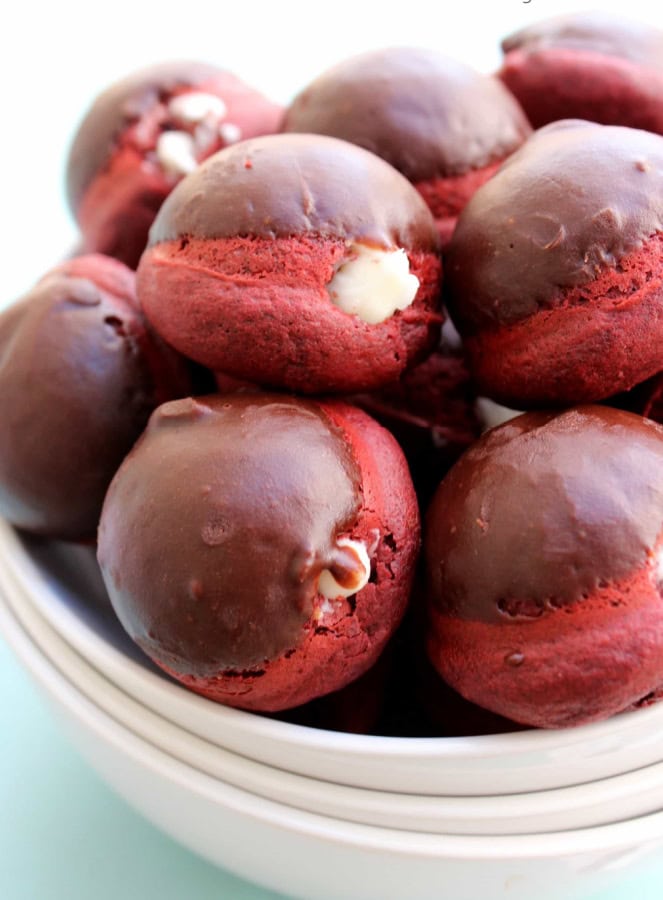 bowl of red velvet donut holes