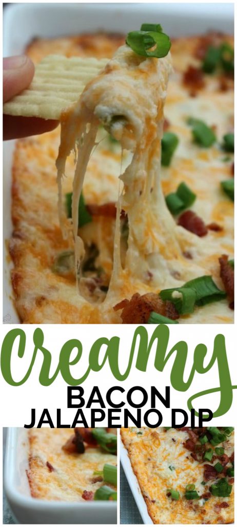 Creamy Bacon Jalapeno Dip takes all of the ingredients from our favorite jalapeno poppers and combines them into a creamy, cheesy, and easy to prepare dip. Creamy Bacon Jalapeno Dip pinterest image
