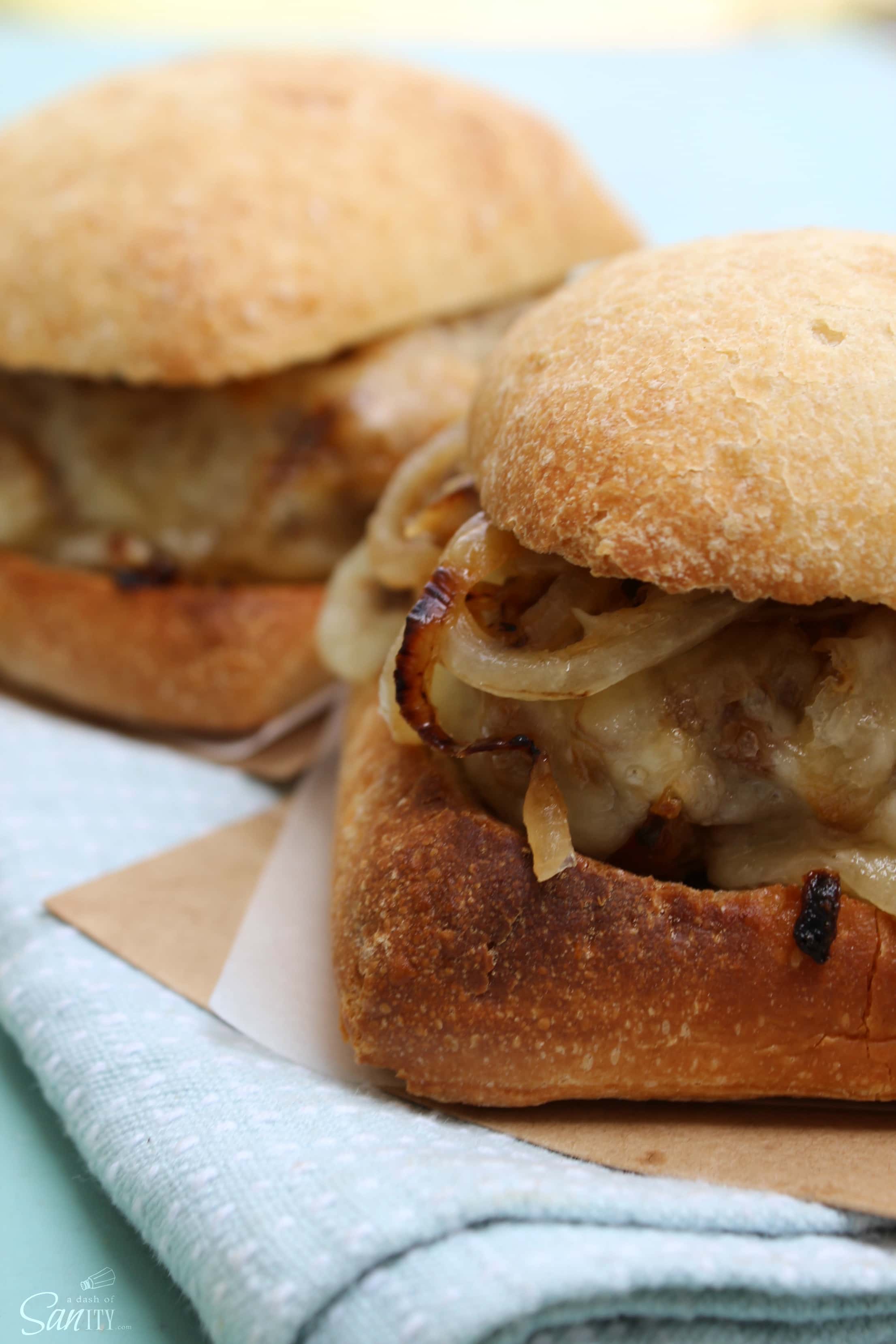 These French Onion Meatball Sandwiches are a cheesy onion-filled sandwich with meatballs. A delicious twist on French Onion Soup, a favorite classic.