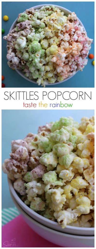 Skittles Popcorn is so easy to make & fun to eat. This enjoyable fruit flavored popcorn will be a fan favorite. Dunk the rainbow, Taste the rainbow. Skittles Popcorn pinterest image