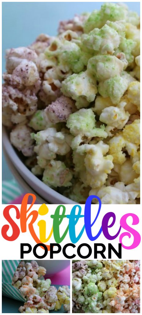 Skittles Popcorn is so easy to make & fun to eat. This enjoyable fruit flavored popcorn will be a fan favorite. Dunk the rainbow, Taste the rainbow. Skittles Popcorn pinterest image