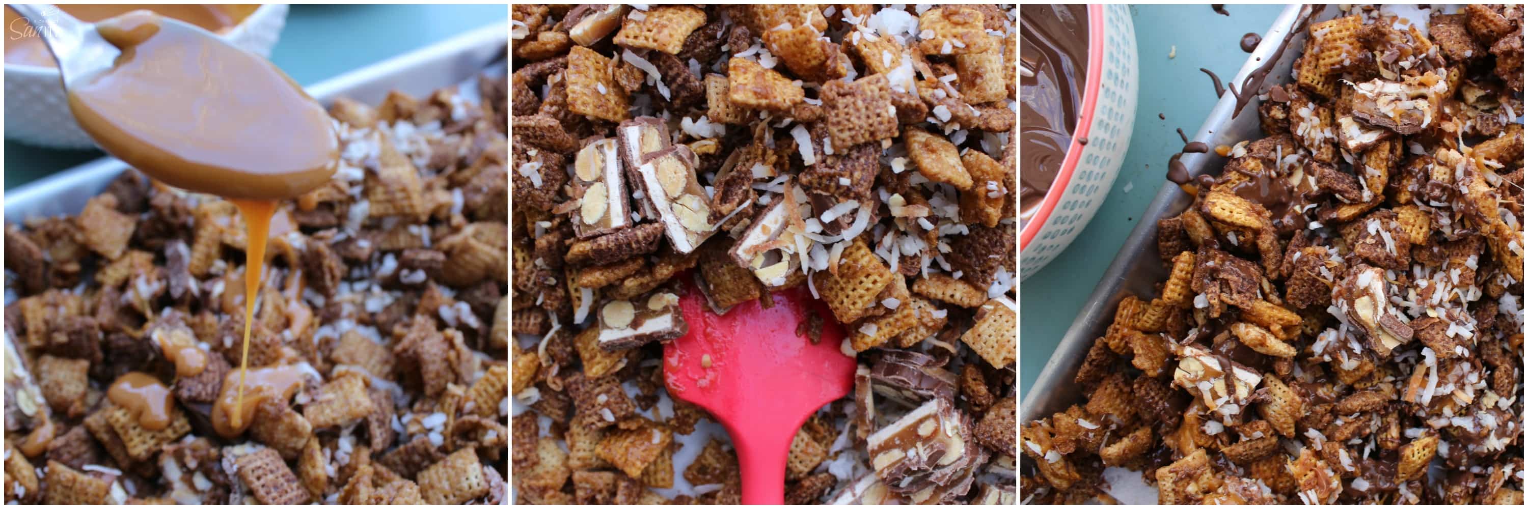 This Sweet & Salty Caramel Snack Mix is made with caramel, SNICKERS®, toasted coconut, chocolate & more caramel. This snack is seriously addicting. This Sweet & Salty Caramel Snack Mix is made with caramel, SNICKERS®, toasted coconut, chocolate & more caramel. This snack is seriously addicting.