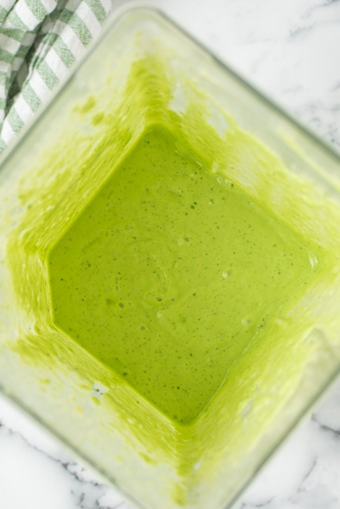overhead photo of the dressing in a blender