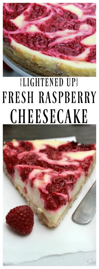 Lightened up Fresh Raspberry Cheesecake is an easy yet delicious recipe, made with low-fat cream cheese, yogurt, and fresh raspberries.