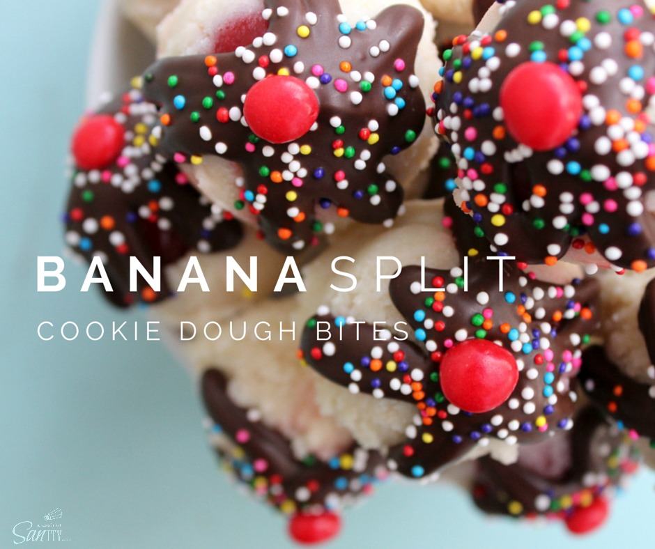 Banana Split Cookie Dough Bites are little bites of an ice-cream classic. Banana sugar cookie dough with a cherry center, topped with chocolate & sprinkles. overhead shot of Banana Split Cookie Dough Bites