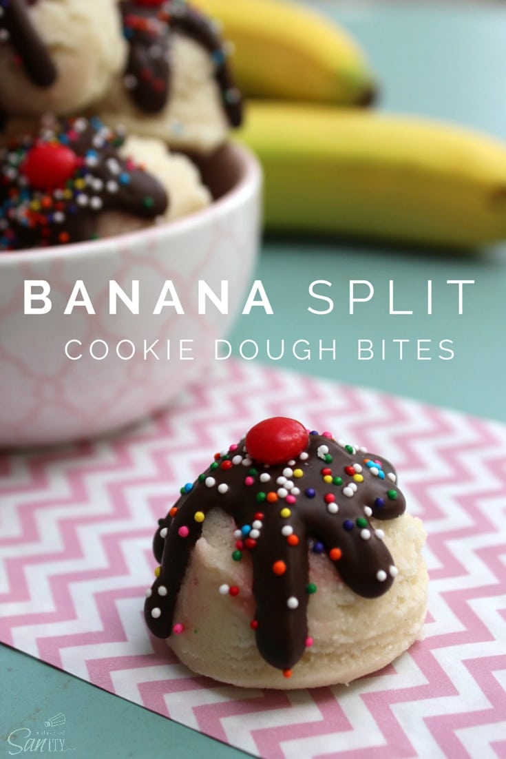 Banana Split Cookie Dough Bites are little bites of an ice-cream classic. Banana sugar cookie dough with a cherry center, topped with chocolate & sprinkles. Banana Split Cookie Dough Bites
