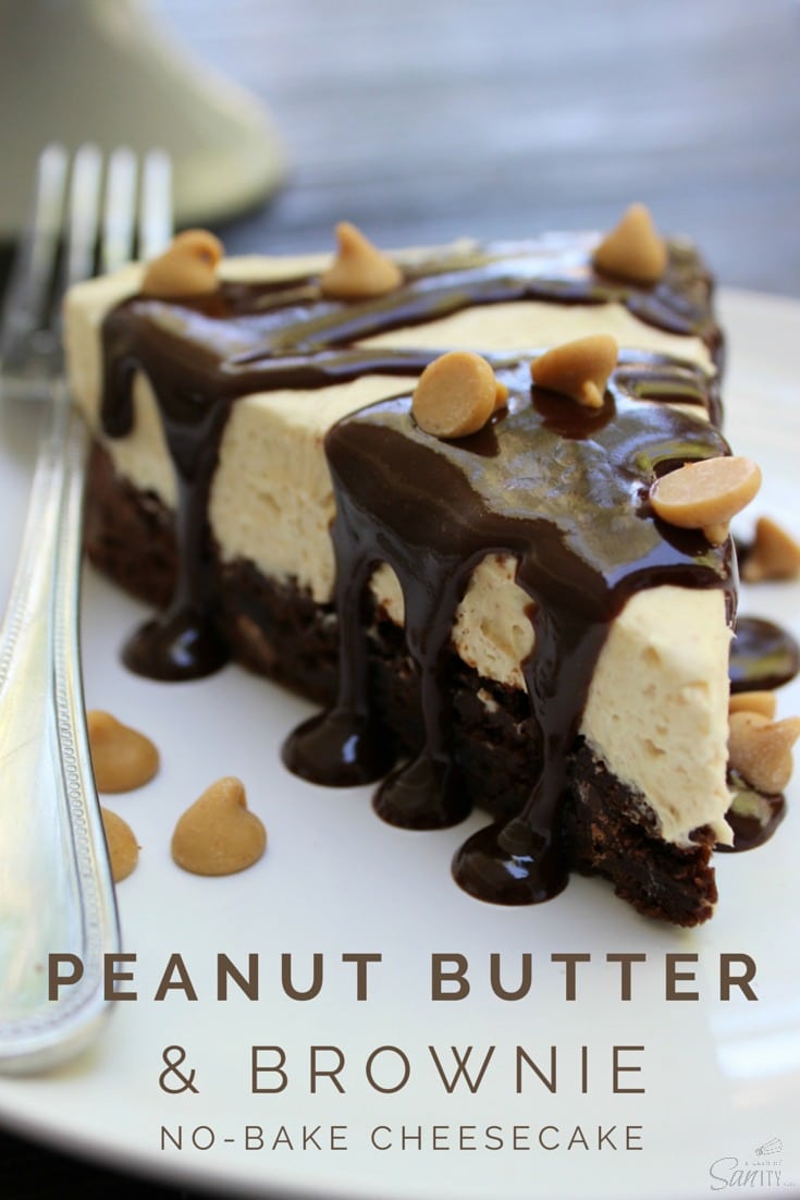 Peanut Butter Brownie No-Bake Cheesecake is chocolate and peanut butter lover’s dream come true, topped off with my 10-minute Peanut Butter Hot Fudge Sauce. Peanut Butter & Brownie No-Bake Cheesecake