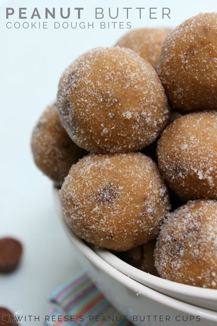 Peanut Butter Cookie Dough Bites w/ Reese’s Peanut Butter Cup chunks are my new guilty pleasure. Chocolate & peanut butter make the best combination EVER.