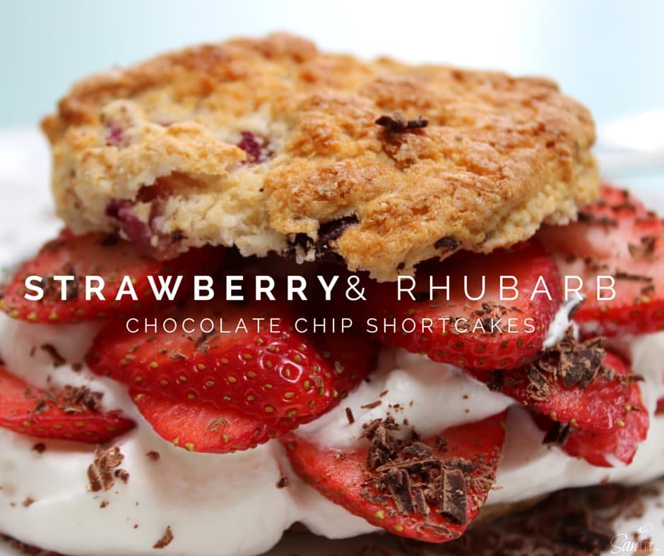 Strawberry & Rhubarb Chocolate Chip Shortcakes is a homemade rhubarb & chocolate chip biscuit, with fresh strawberries, whipped cream, & chocolate shavings. Strawberry & Rhubarb Chocolate Chip Shortcakes is a homemade rhubarb & chocolate chip biscuit, with fresh strawberries, whipped cream, & chocolate shavings.