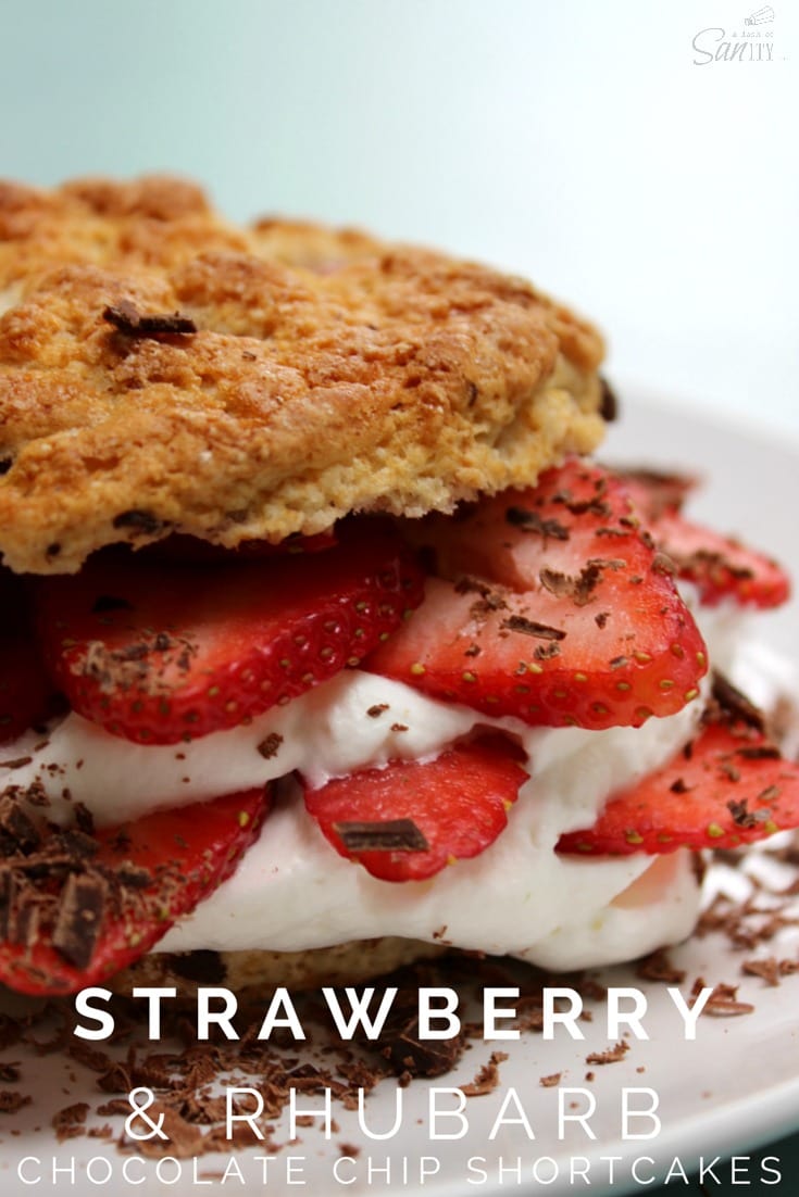 Strawberry & Rhubarb Chocolate Chip Shortcakes is a homemade rhubarb & chocolate chip biscuit, with fresh strawberries, whipped cream, & chocolate shavings. Strawberry & Rhubarb Chocolate Chip Shortcakes