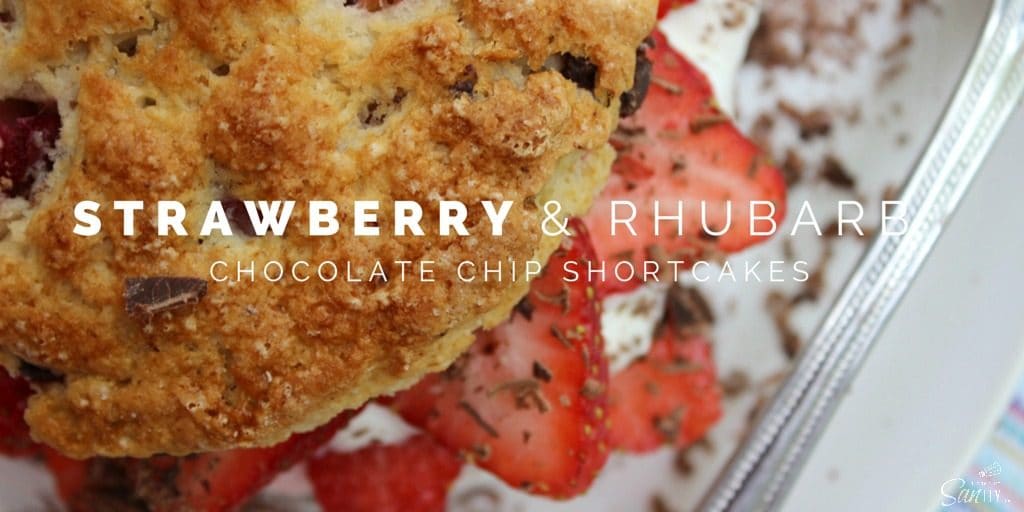 Strawberry & Rhubarb Chocolate Chip Shortcakes is a homemade rhubarb & chocolate chip biscuit, with fresh strawberries, whipped cream, & chocolate shavings. Strawberry & Rhubarb Chocolate Chip Shortcakes Twitter