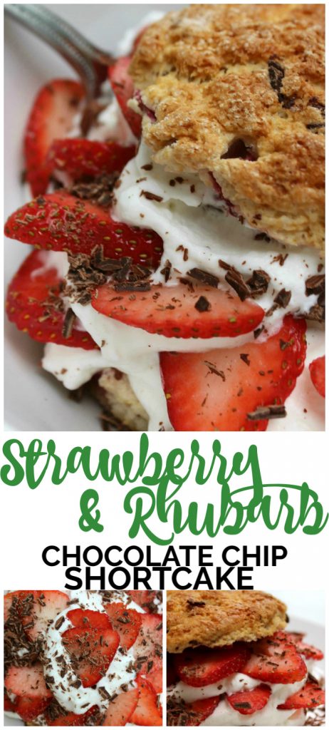 Strawberry & Rhubarb Chocolate Chip Shortcakes is a homemade rhubarb & chocolate chip biscuit, with fresh strawberries, whipped cream, & chocolate shavings. Strawberry & Rhubarb Chocolate Chip Shortcakes pinterest image