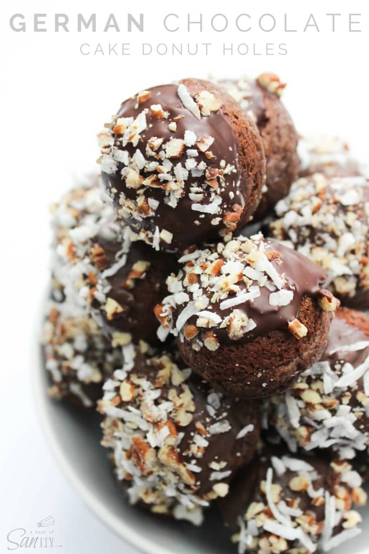 These German Chocolate Cake Donut Holes chocolate are filled with a German Chocolate frosting, then dipped in chocolate and topped with pecans and coconut. 