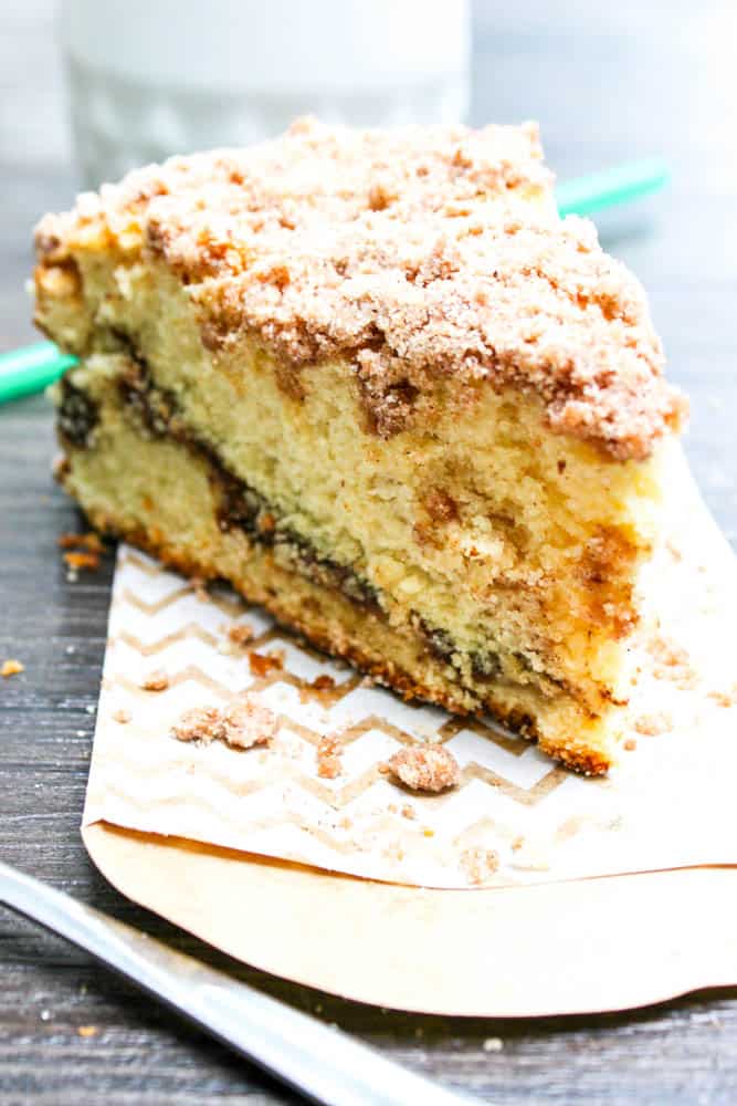 Reduced-Fat Cinnamon Swirl Coffee Cake cinnamon coffee cake slice on paper