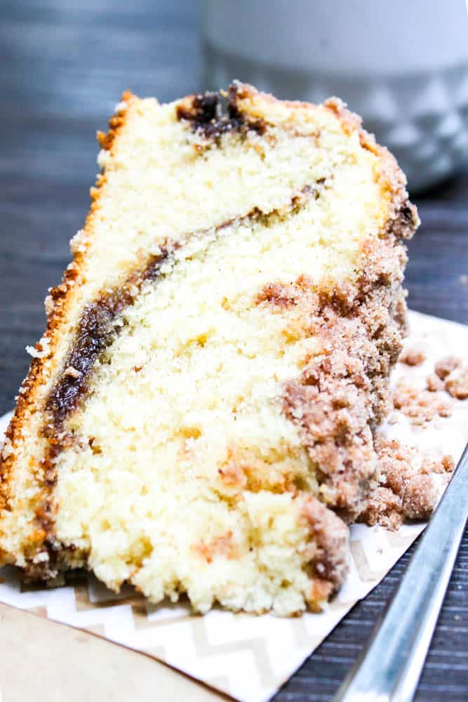 Reduced-Fat Cinnamon Swirl Coffee Cake cinnamon coffee cake with crumb topping on side