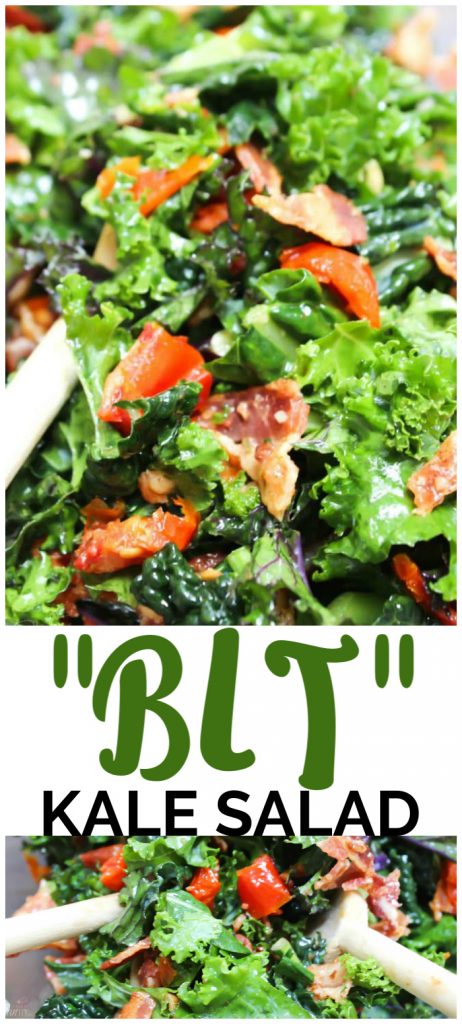 This “BLT” Kale Salad has large chunks of bacon, kale, & roasted tomatoes with a lemon garlic dressing. This salad takes the term BLT to a whole new level. “BLT” Kale Salad pinterest image