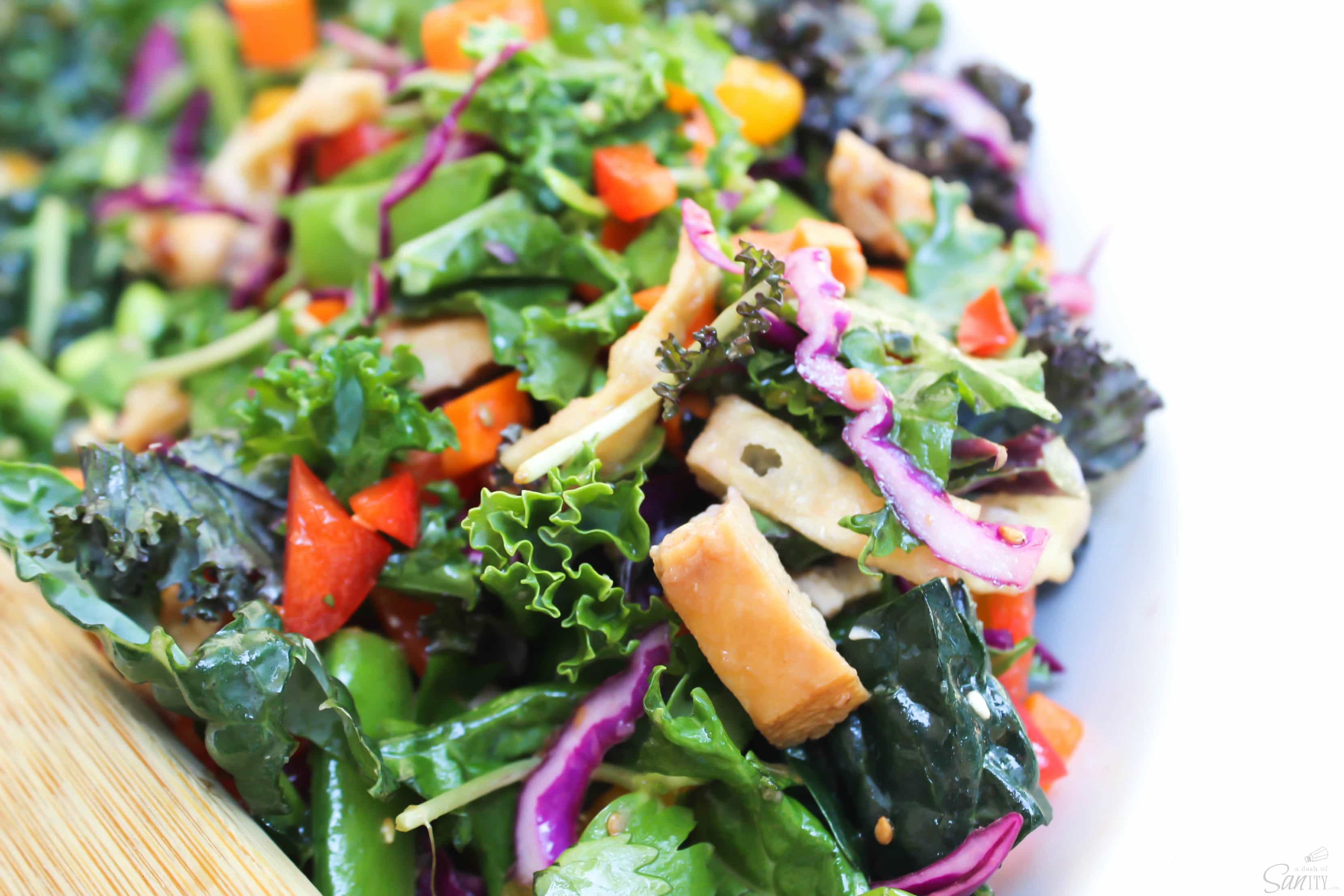 Asian Kale Salad with Sesame Ginger Vinaigrette is packed with bright colors and bold flavors with rainbow kale, red cabbage, cilantro, and sunflower greens,