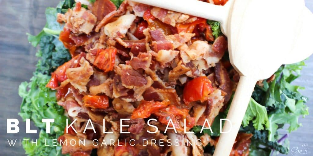 This “BLT” Kale Salad has large chunks of bacon, kale, & roasted tomatoes with a lemon garlic dressing. This salad takes the term BLT to a whole new level. This “BLT” Kale Salad” has large chunks of bacon, kale,& roasted tomatoes with a lemon garlic dressing. This salad takes the term BLT to a whole new level.