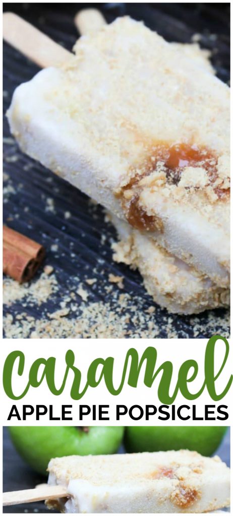 These Caramel Apple Pie Popsicles are made with yogurt, granola, cinnamon, and caramel sauce. This creamy popsicle makes a perfect summer afternoon snack. Caramel Apple Pie Popsicles pinterest image