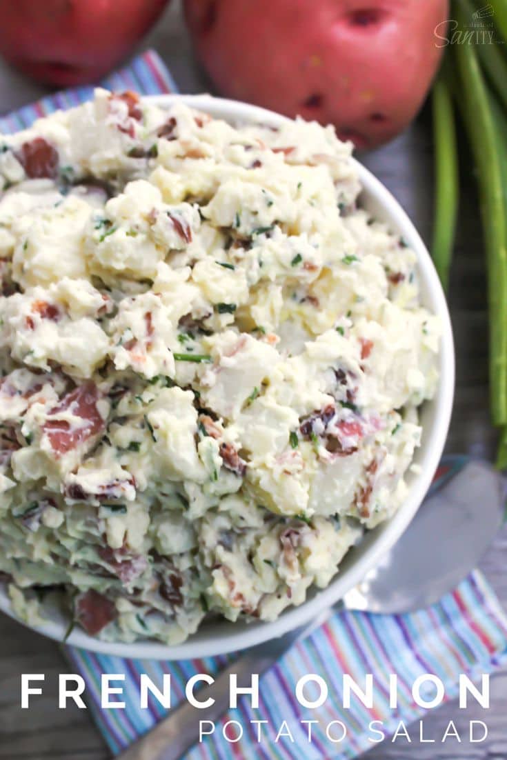 This French Onion Potato Salad combines two summer favorites into one dish. This simple recipe will easily become a picnic, campout and barbecue must have. French Onion Potato Salad