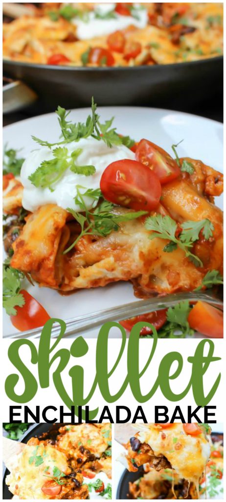 This Skillet Enchilada Bake is a perfect weeknight meal that is quick and easy to make. Delicious 30 minute meal that is comfort food at its best. Skillet Enchilada Bake pinterest image