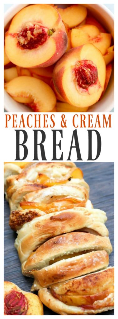 Peaches & Cream Bread is delicious gourmet bread filled with peaches, mascarpone cheese, cinnamon, & sugar. It's a gorgeous addition to your morning table. 