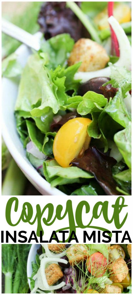 Copycat Insalata Mista is an uncomplicated, full of flavor mixed green salad dressed with a tangy vinaigrette. This salad will become a family favorite. Copycat Insalata Mista pinterest image