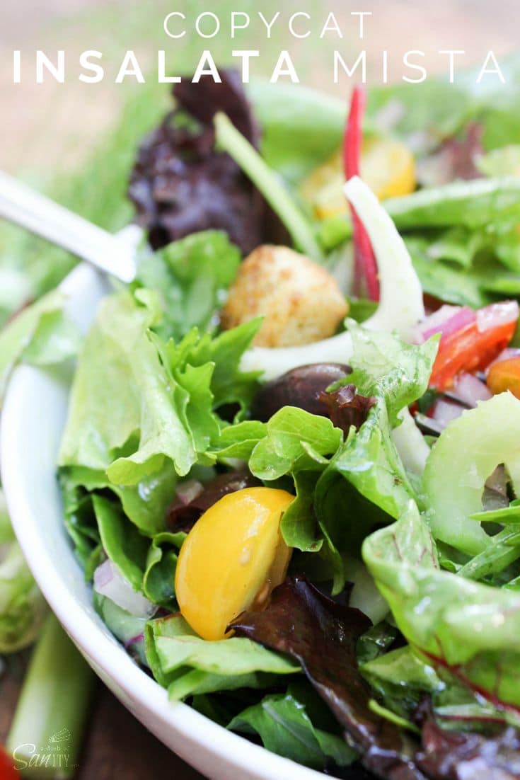 Copycat Insalata Mista is an uncomplicated, full of flavor mixed green salad dressed with a tangy vinaigrette. This salad will become a family favorite. Copycat Insalata Mista is an uncomplicated, full of flavor mixed green salad dressed with a tangy vinaigrette. This salad will become a family favorite.