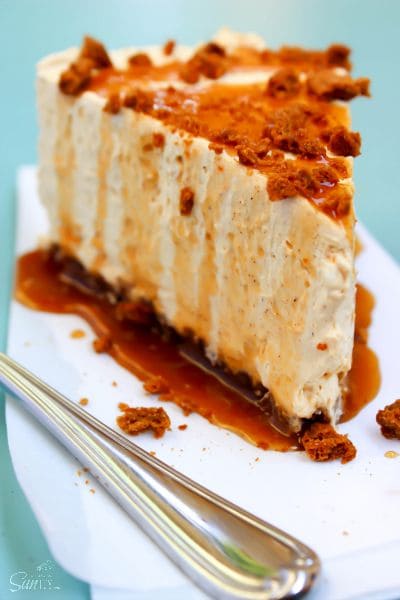 This No-Bake Pumpkin Caramel Cheesecake is covered in a Pumpkin Spice Caramel Sauce & made with a Ginger Snap cookie crust. It is a fall dessert must have.