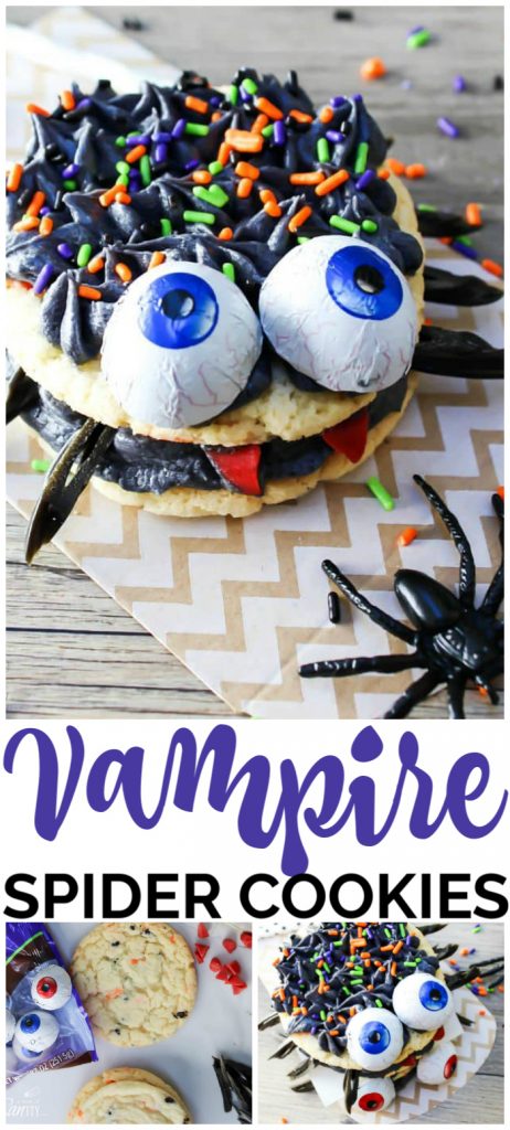 These Vampire Spider Cookies will be sure to leave your fall goblins or ghosts in a giggle of a fright. Your kids will just love these fun festive treats. Vampire Spider Cookies pinterest image