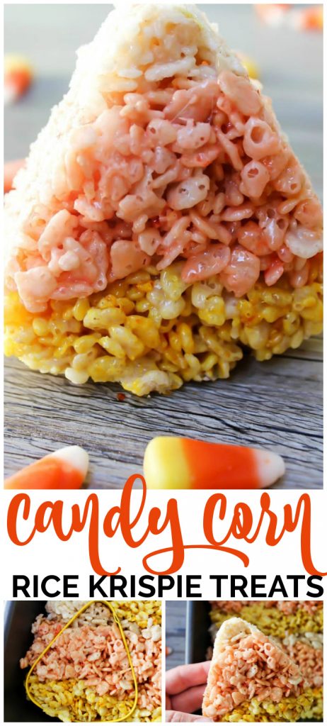 These Candy Corn Rice Krispies Treats are an easy to make, fun, and festive Halloween treat that everyone will enjoy this time of year. Candy Corn Rice Krispies Treats pinterest image
