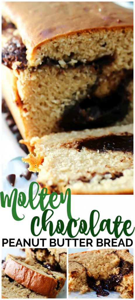 This Molten Chocolate Peanut Butter Bread is over the top amazing. Made from a loaf of peanut butter bread with a mouthwatering molten chocolate center. Molten Chocolate Peanut Butter Bread pinterest image